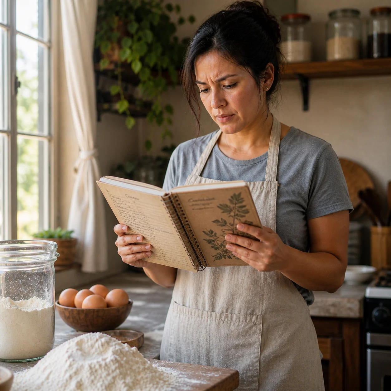 Emprendedora gastronómica revisando sus números con preocupación